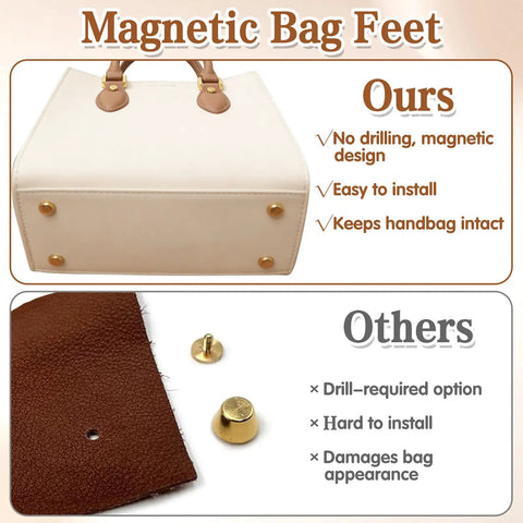Magnetic Purse Feet For Handbags 4 Pack No Hole Design Metal Bag Feet Protectors visible on handbag base.