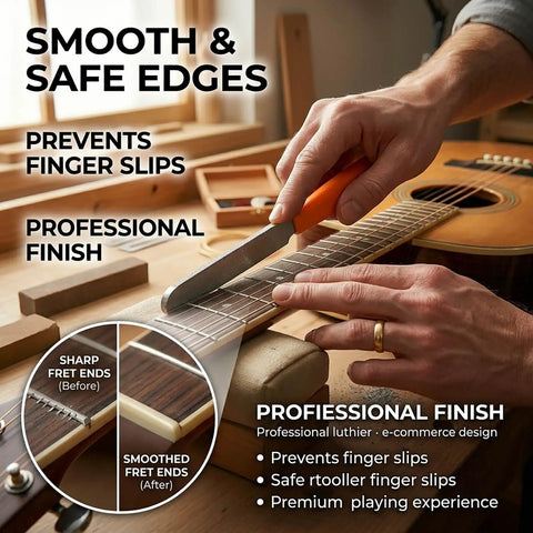 Close-up of Professional Guitar Luthier Tool Kit with fret crowning file used on acoustic guitar for smooth edges.
