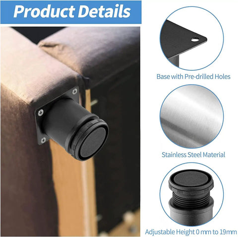 2.5 Inch Heavy Duty Adjustable Black Stainless Steel Furniture Legs Set, shown with pre-drilled holes and adjustable height features