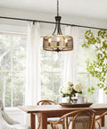 Black Round Pendant Light Fixture 18 Inch Industrial Metal Drum Cage Chandelier for dining room, kitchen, living room