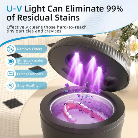Premium Ultrasonic Retainer Cleaner Machine, 45KHz Dental Pod For Dentures, Jewelry, Aligners, Braces, And Brush Heads, 200Ml Tank With Four Quick Modes And Sleek Black Finish, No Sweat Maintenance showing U-V light cleaning dentures.
