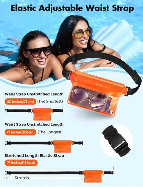 Waterproof Phone Pouch 2 Pack With Adjustable Waist Strap 9.8 Inch Front Window SGS IP68 Floating Dry Bag display with measurements