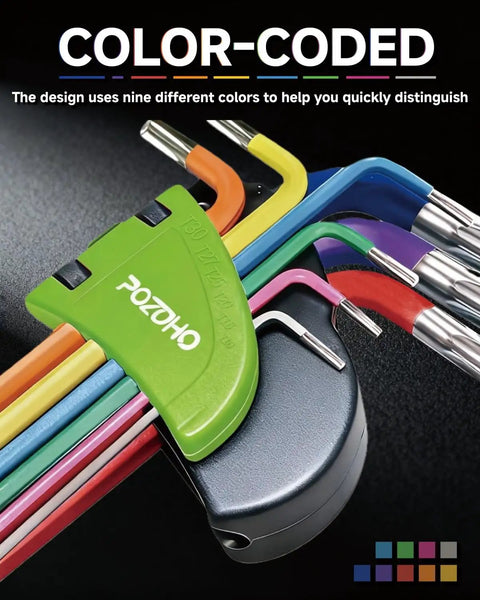 Color-coded Extra Long Torx Hex Key Set T10 T50 with ball end and torque handle, CrV steel for motorcycle bike car DIY use.