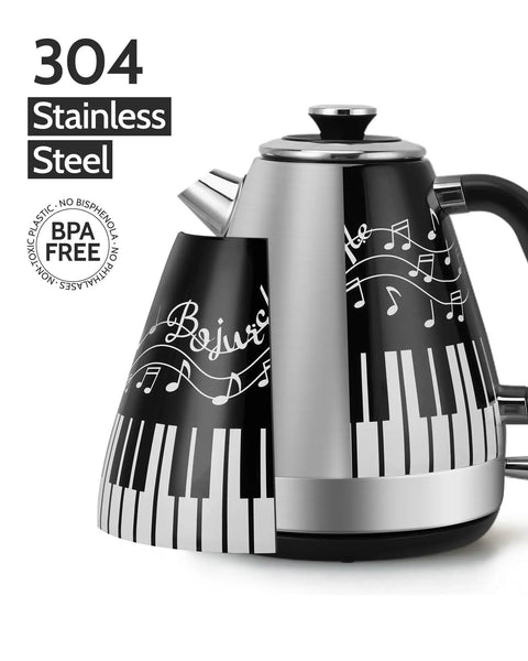 Electric Kettle With Piano And Musical Notes Design 1.7 Liter Stainless Steel Interior 1200 Watt Fast Boil For Tea And Coffee