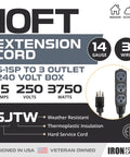 Heavy Hitter 10 Ft Extension Cord With 3 Outlets And 240 Volt 6-15P Plugs, 14 Gauge Copper Wire details and features.