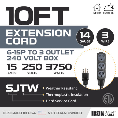 Heavy Hitter 10 Ft Extension Cord With 3 Outlets And 240 Volt 6-15P Plugs, 14 Gauge Copper Wire details and features.
