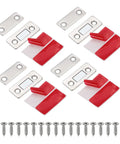 Ultra Slim Stainless Steel Cabinet Door Magnets, 4 Pack With Double Sided Tape and Screw Mount, showing magnets, tape, and screws