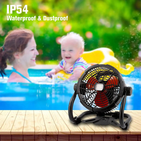 Rechargeable Outdoor Floor Fan Portable Beastly High Velocity Cooling Fan With LED Light USB Type C Port displayed near pool