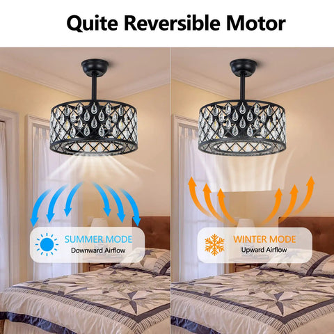 Crystal Caged Fandelier With Remote Control Lights in summer and winter modes illustrating airflow directions.