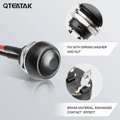 12mm Pre-Wired Mounting Hole On Off Mini Round Waterproof Momentary Push Button Switch JF-33B close-up with brass contacts and spring washer