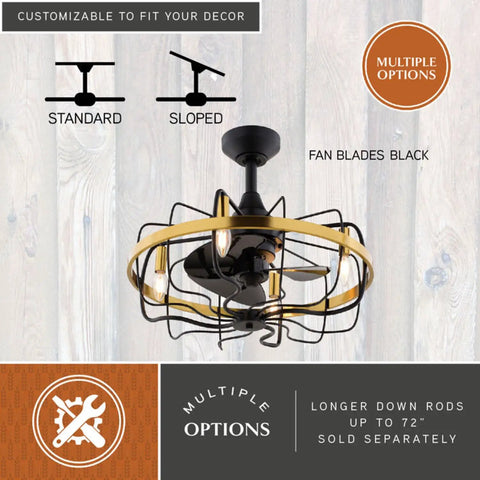 HomeStock Modern Industrial 21-Inch Ceiling Fan with Dimmable Light Kit and Remote Control for Small Rooms with black fan blades and gold accents.