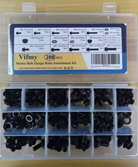 Industrial Strength M6 M8 M10 Flange Bolt And Serrated Nut Assortment Kit 288 Piece Hardware Set in organized storage box.