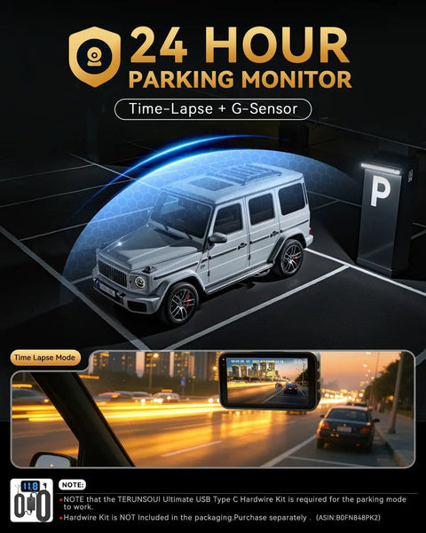 Car parked under 24-hour surveillance with Dual 4K Front And Rear Dash Cam For Cars With Free 128GB Card, Fast WiFi, Built In GPS