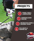Black Waterfall Foam Sealant For Landscape And Exterior DIY Projects application on rocks, with list of project uses visible