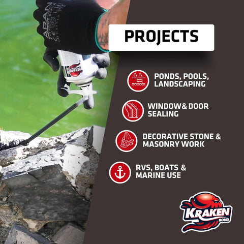 Black Waterfall Foam Sealant For Landscape And Exterior DIY Projects application on rocks, with list of project uses visible