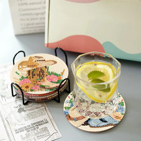 8 Pcs Cowboy Boots Diamond Art Coaster Kit For Adults Beginners Diy Craft Lovers With Holder Cork Pads Diamond Painting Pen Tray Glue And Extra Diamonds Floral Pattern Coasters For Home And Holiday Decor, coasters with floral designs and a glass of lemon water