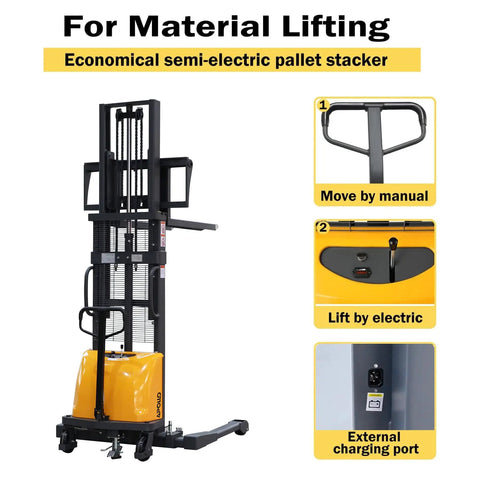 This Semi Electric Pallet Stacker Is A Total Badass For Your Warehouse, featuring manual operation and electric lift mechanism.