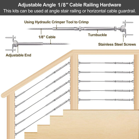 Adjustable Angle 1/8 Inch Cable Railing Kit With Swage Toggle Turnbuckle Hardware installed on a wooden staircase railing.