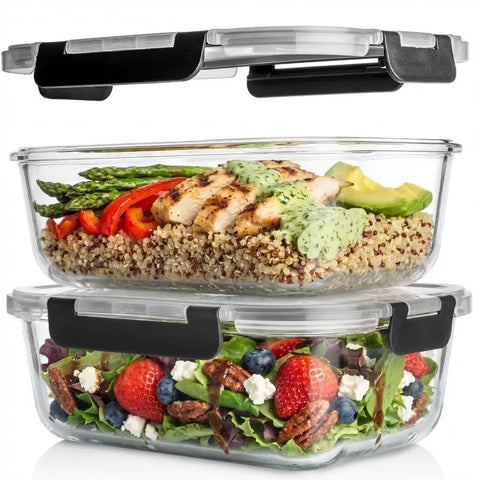Big Glass Storage Set 63 Oz Meal Prep Containers with Locking Lids, 2-Pack, filled with fresh salad and quinoa dish