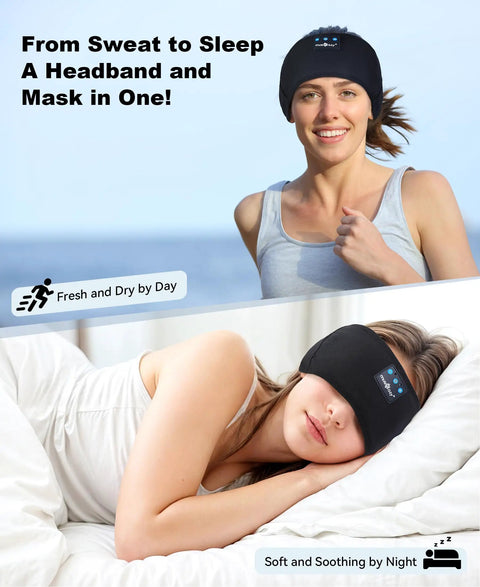 Woman wearing black Sleep Headphones Headband Bluetooth 5.4 for Sleep and Workout Sweat Resistant Wireless Earphones