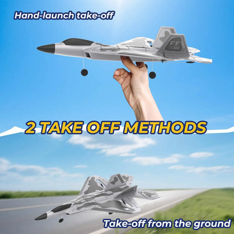 F22 Remote Control Airplane 4 Channel With Lights 2.4G Fighter Jet With Six Axis Gyro Stabilizer for Beginners shown hand-launching and grounded.