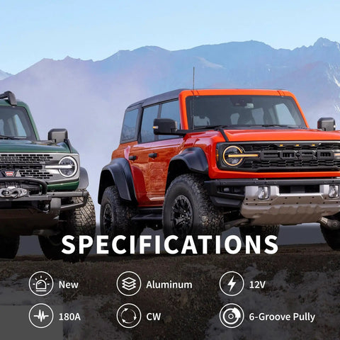 Ford Bronco vehicles showcasing specifications for Heavy Duty High Output 180 Amp 12V Alternator Replacement JX6Z-10346-K.