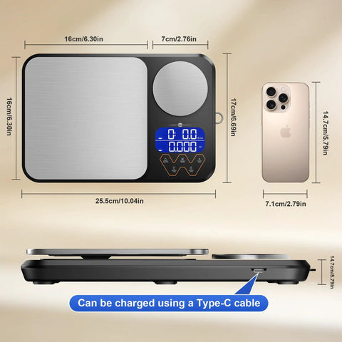 Dual Platform Kitchen Scale With 0.01g Precision And 5Kg Capacity Rechargeable Digital Scale for Grams And Ounces shown with measurements