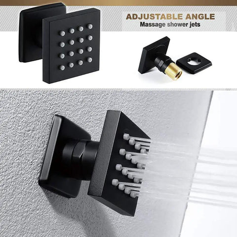 Easy Peasy Installation On This Wall Mounted Shower System Featuring High Pressure Rainfall Head And Sturdy Handheld Sprayer Paired With Slick Matte Black Fixtures For Instant Bathroom Glow Up: adjustable angle matte black shower head with massage jets.