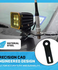 Top Tier Ham Antenna Ditch Bracket Extension Mount showing steel design with antenna and light on vehicle roof