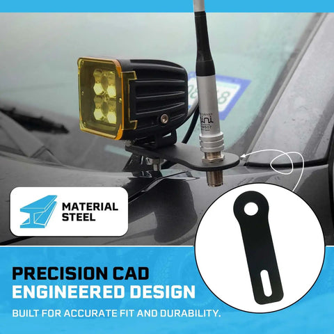 Top Tier Ham Antenna Ditch Bracket Extension Mount showing steel design with antenna and light on vehicle roof