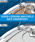 Before and after installation of Self-Adhesive Boat Flooring 96-Inch By 23.5-Inch Non-Slip EVA Foam Diamond Pattern Marine Grip Sheet