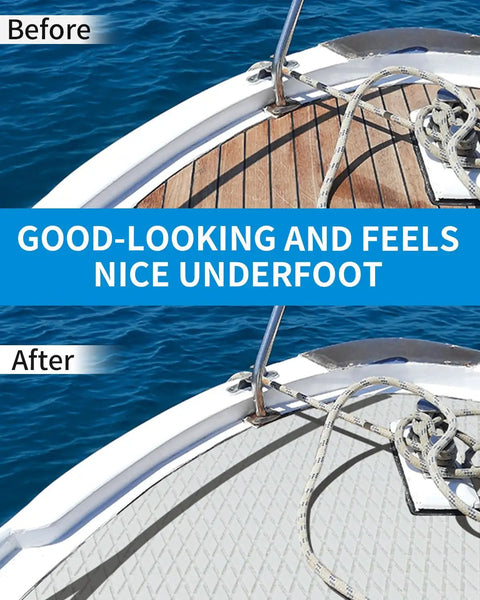 Before and after installation of Self-Adhesive Boat Flooring 96-Inch By 23.5-Inch Non-Slip EVA Foam Diamond Pattern Marine Grip Sheet