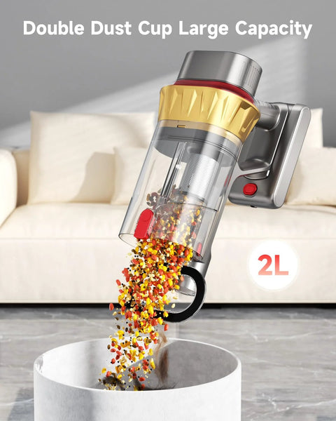 AIPOWAY cordless vacuum cleaner, front-angle view, transparent dust cup and gold accents, 2L capacity
