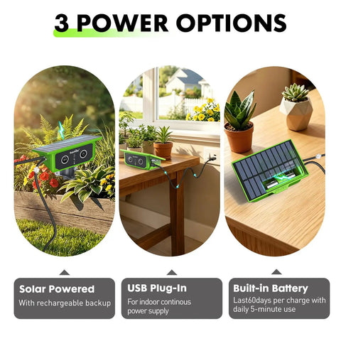 Solar Powered WiFi Drip Irrigation System With Moisture Sensor Smart IoT Garden Watering Controller App Enabled Scheduling Solar Charging Bundle Combo Pack For Easy Plant Care And Low Maintenance. 3 power options shown