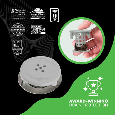 Inside Sink Drain Protector Hair Catcher And Strainer That Fits In The Drain with durable gray finish shown on package.