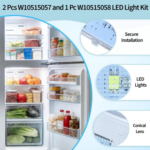3 Pack Refrigerator LED Light Set with Tapered Lens for Fridge and Freezer with contents showing replacement lights