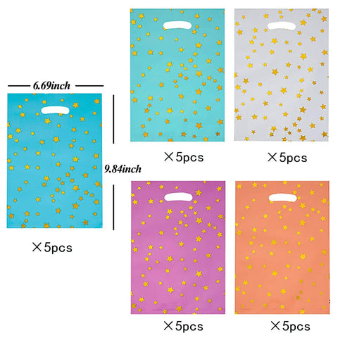 25 Party Favor Bags For Kids Birthday Parties With Star Pattern In 5 Colors, Durable Reusable Goodie Bags For Candy Treats