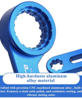 Close-up of 6-In-1 Bike Crank Removal Tool and Bottom Bracket Wrench for 12/16 Notches, made of blue aluminum alloy, showing tooth detail.