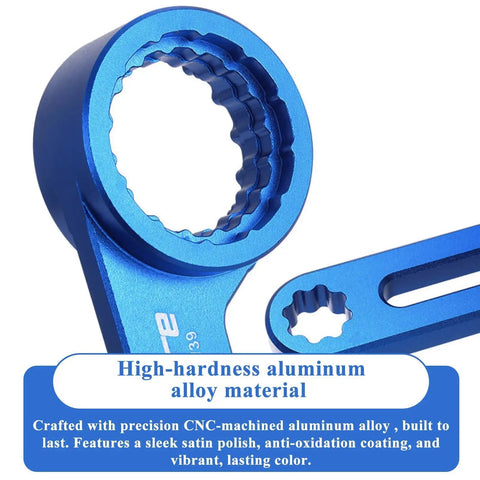 Close-up of 6-In-1 Bike Crank Removal Tool and Bottom Bracket Wrench for 12/16 Notches, made of blue aluminum alloy, showing tooth detail.