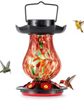 Red Solar Powered Hummingbird Feeder With 25 Oz Nectar Capacity Hand Blown Glass 6 Feeding Ports Moat Outdoor Hanging