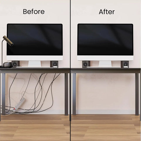 Before and after using the Under Desk Cable Management Kit With 12 J Channel Raceway Segments 192 Inch Total Length Black Cord Organizer Tray Cable Hider To Tidy Wires For Home Office And Gaming Setup, showing a tidy desk area.
