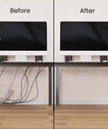 Before and after using Under Desk Cable Management Kit 6 Pack Self Adhesive 96 Inch J Channel Raceway Black Cord Hider