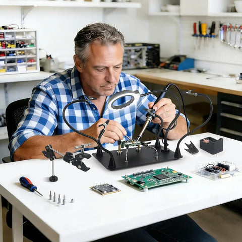Man using Magnetic Helping Hands Soldering Station With 5X LED Magnifying Lamp 6 Flexible Arms for electronics DIY project