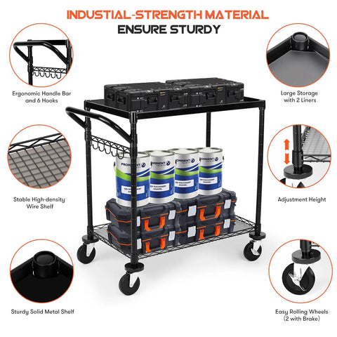 Heavy Duty Rolling Utility Cart With 680 Lbs Capacity, 2 Tier Metal Trolley On Wheels, Commercial Grade Cart With Handle Bar And Shelf Liner, Black Finish