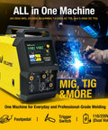 Omni210 All In One 200A 6 In 1 Multi-Process Welder with welder and user in workshop setting
