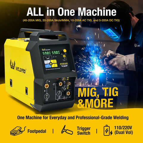Omni210 All In One 200A 6 In 1 Multi-Process Welder with welder and user in workshop setting