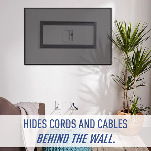 Living room with mounted TV and In Wall Power And Cable Management Kit With Recessed Power Bridge For Wall Mounted TVs, cords hidden behind wall.