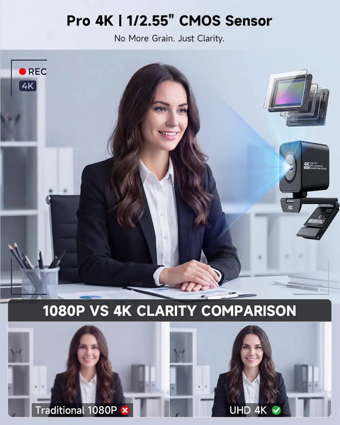 Crisp 4K Webcam Featuring Sony IMX363 Sensor And Breezy 60 FPS Streaming For PC Gaming And Home Office Use With Quick Phase Detection Auto Focus To Keep Your Video Clean During Livestreams Or Remote Calls Without Pixelation Draining Your Vibe. 4K clarity comparison with sleek design, showcasing smooth streaming for professional use.