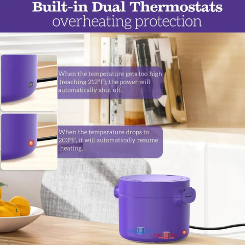 Portable 33oz Electric Lunch Box with dual thermostats, showing overheating protection feature on a kitchen counter
