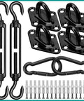 Heavy Duty 6 Inch Shade Sail Hardware Kit For Rectangle And Triangle Sails, Stainless Steel Fixing Accessories For Outdoor Patio Canopy And Garden, Weatherproof Awning Attachment Set, 40 Piece, showing hooks, brackets, and screws.
